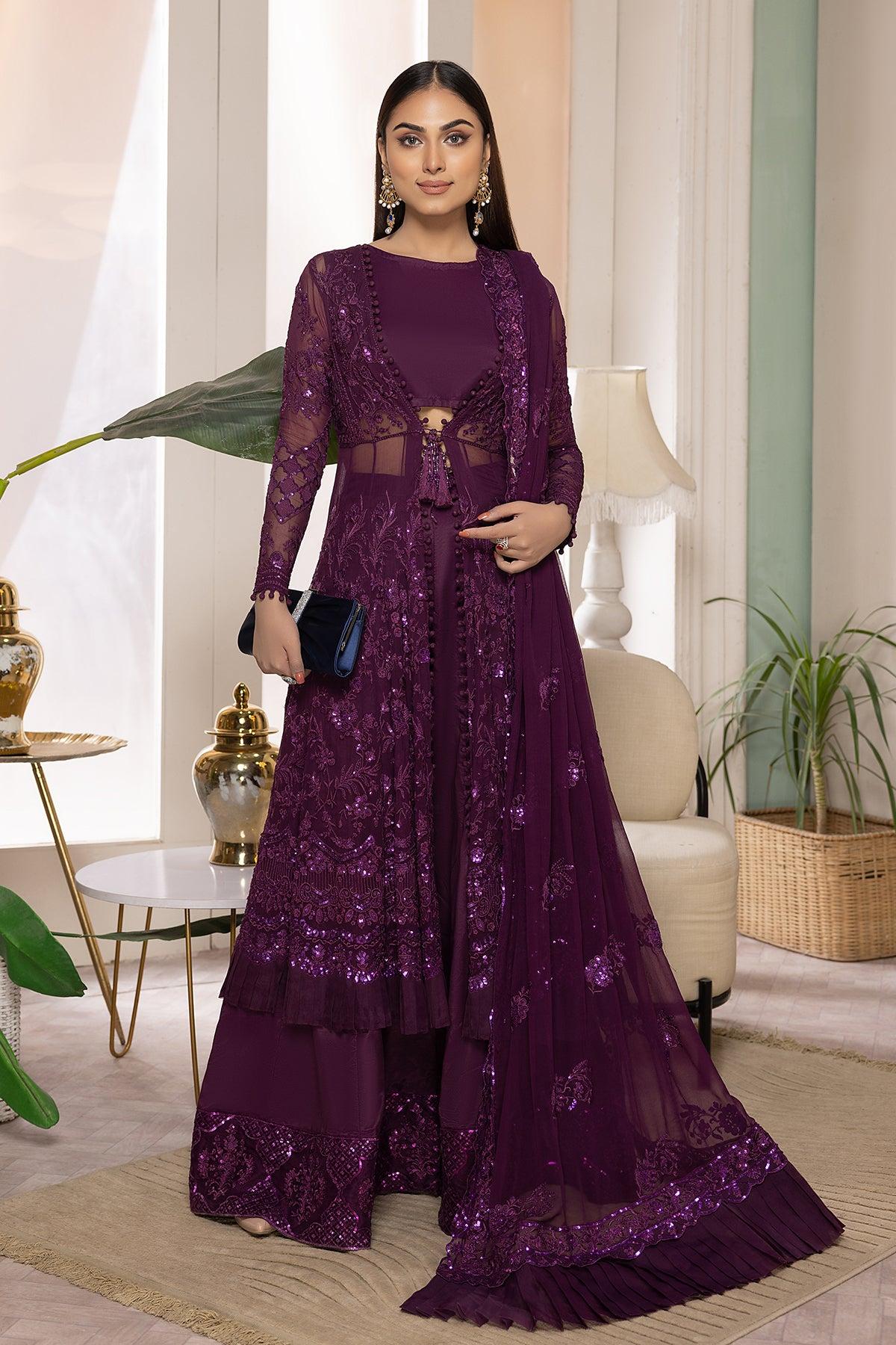 Purple Embroidered Shirt Shalwar Dupatta Chiffon WULC22E30300